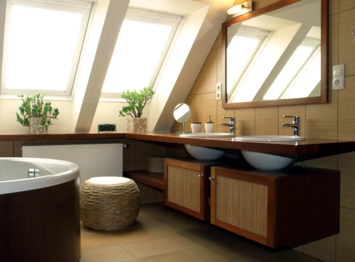 A lit up bathroom